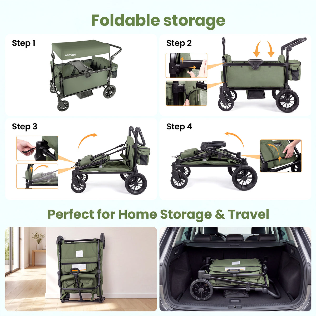 SACVON 4-Seater Stroller Wagon with Side Entry, Canopy & Snack Tray, Includes Detachable Storage Bag That Converts to a Backpack– Olive Green