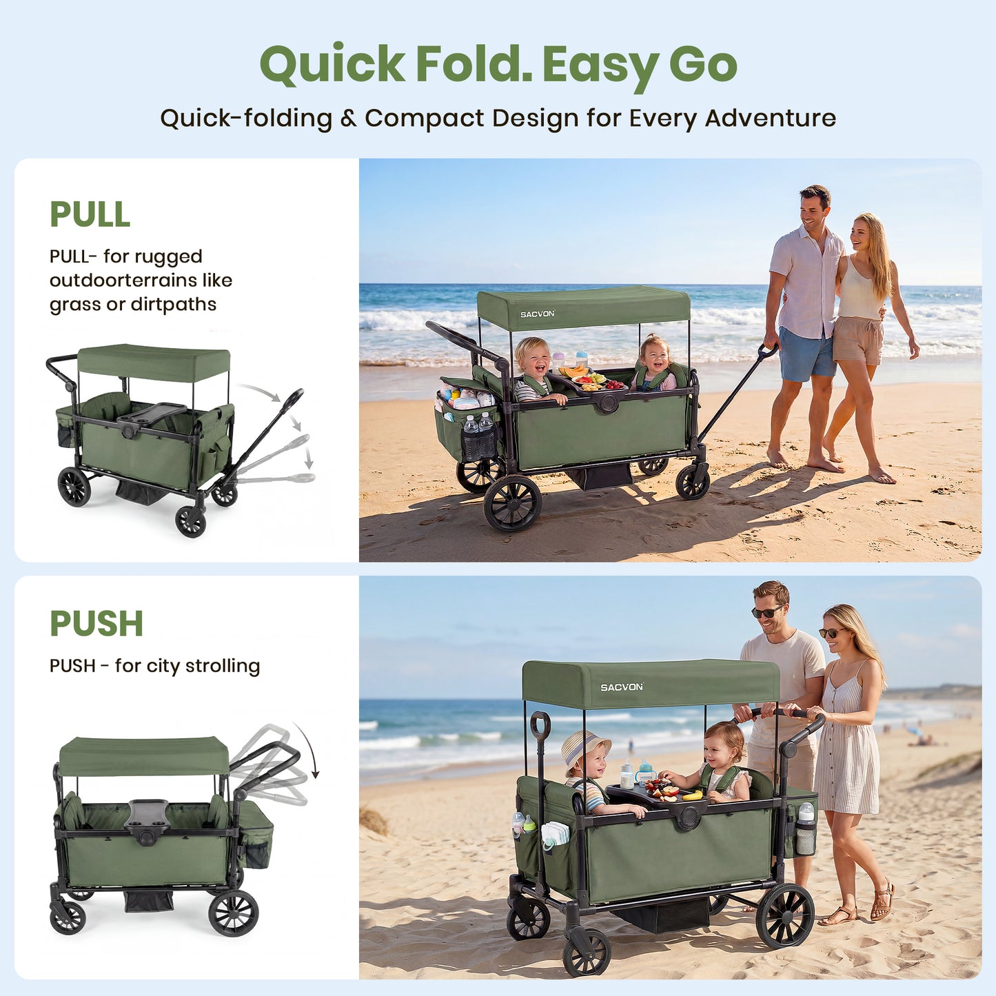 SACVON 2-Seater Stroller Wagon with Side Entry, Canopy & Snack Tray, Includes Removable Storage Bag That Converts to a Backpack-Olive Green