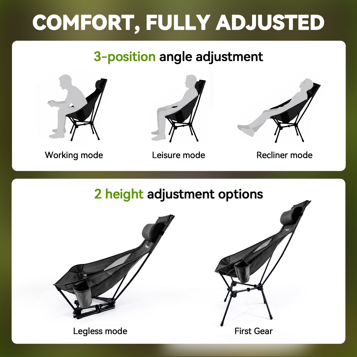 Triangle Frame High Back Folding Camping Chair, Portable Moon Chair with Enhanced Stability, Includes Carry Bag, Black