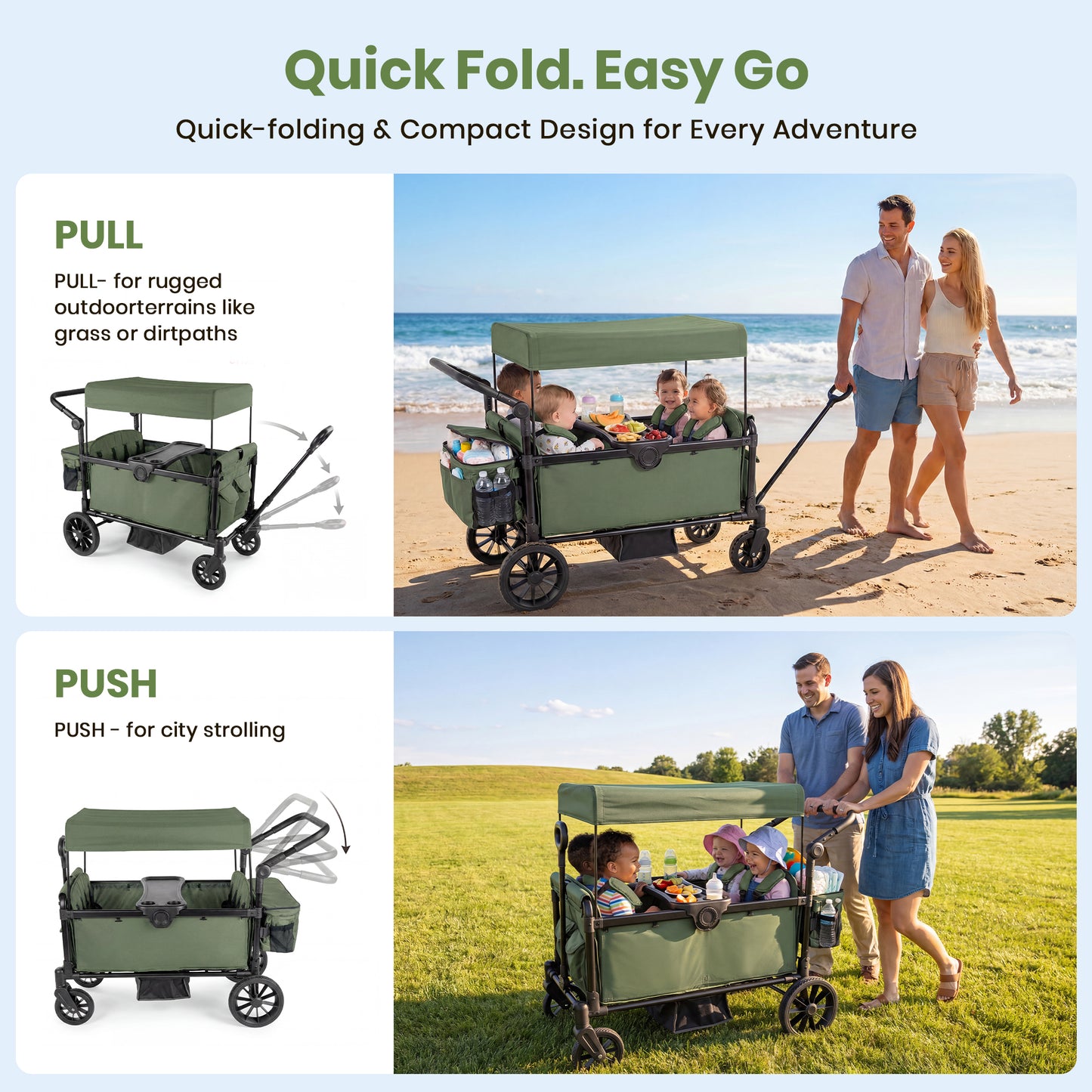 SACVON 4-Seater Stroller Wagon with Side Entry, Canopy & Snack Tray, Includes Detachable Storage Bag That Converts to a Backpack– Olive Green