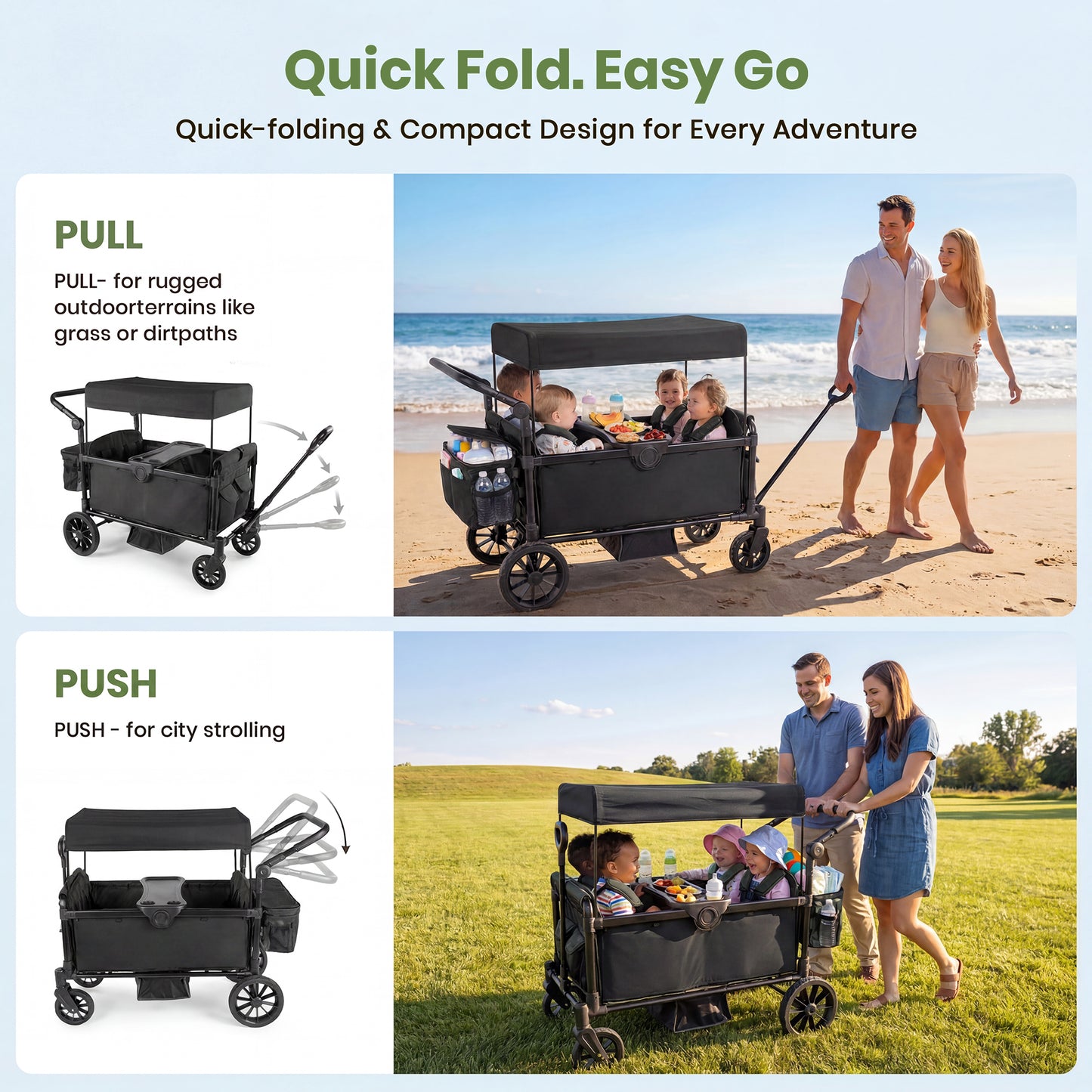 SACVON 4-Seater Stroller Wagon with Side Entry, Canopy & Snack Tray, Includes Detachable Storage Bag That Converts to a Backpack–Black