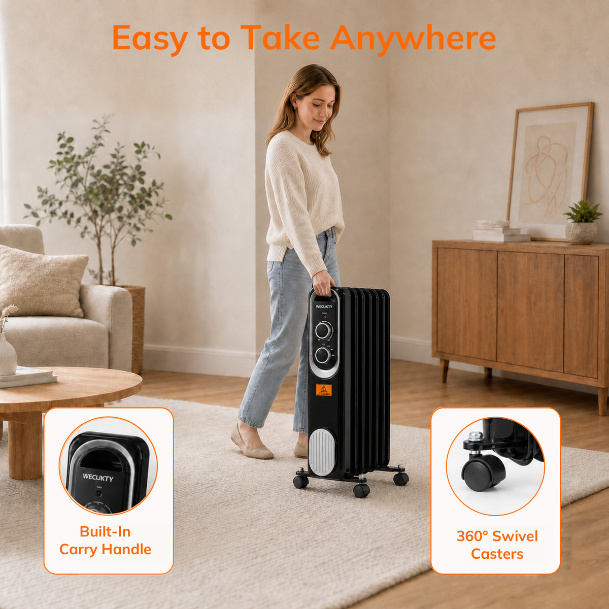 Vecukty Radiator Heater for Large Space, 1500W Electric Oil Filled Radiator, Dual Knobs, 7-Fin Oil Radiator, Quiet Space Heater, 3 Modes, Overheat and Tip-over Protection, 24H Timer