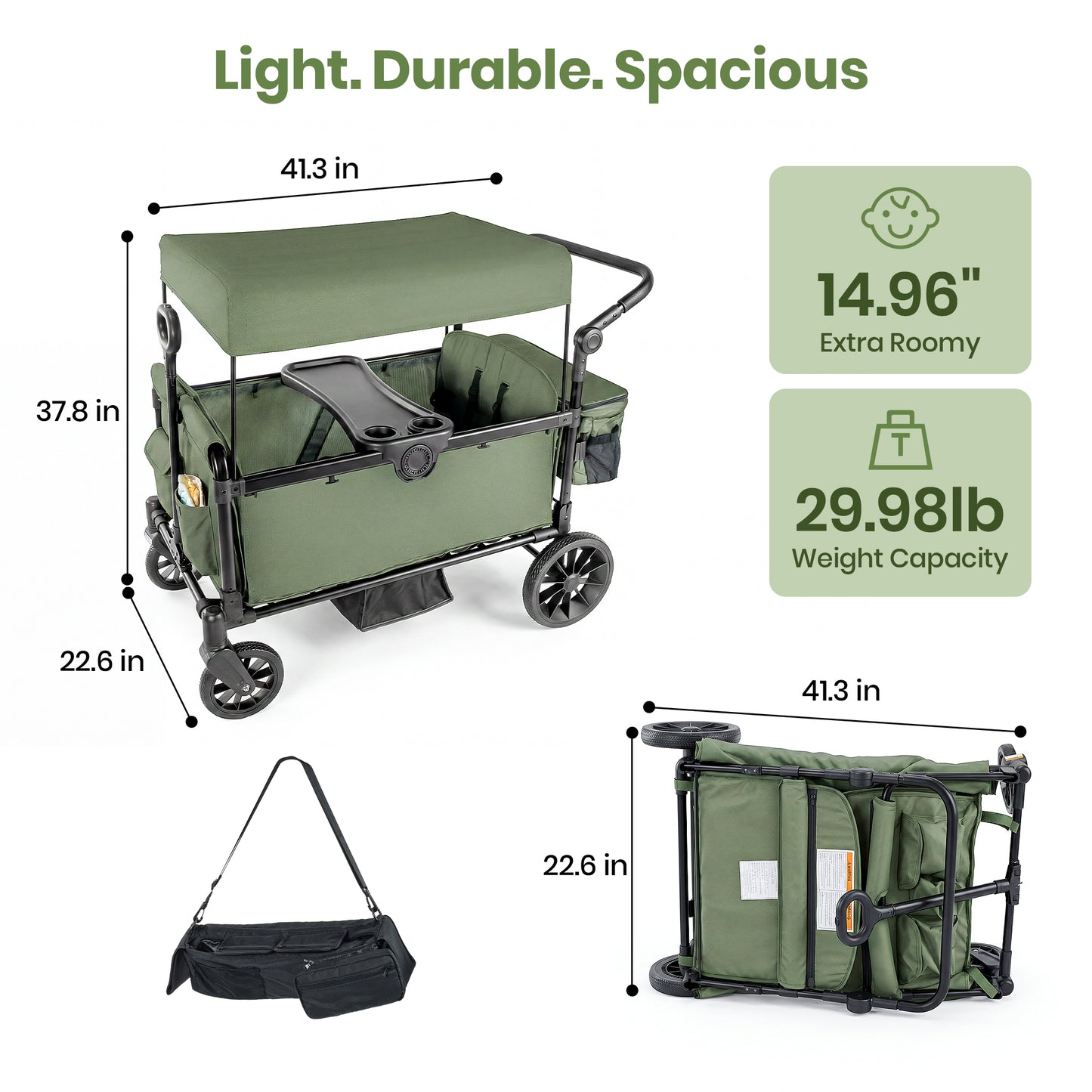 SACVON 2-Seater Stroller Wagon with Side Entry, Canopy & Snack Tray, Includes Removable Storage Bag That Converts to a Backpack-Olive Green