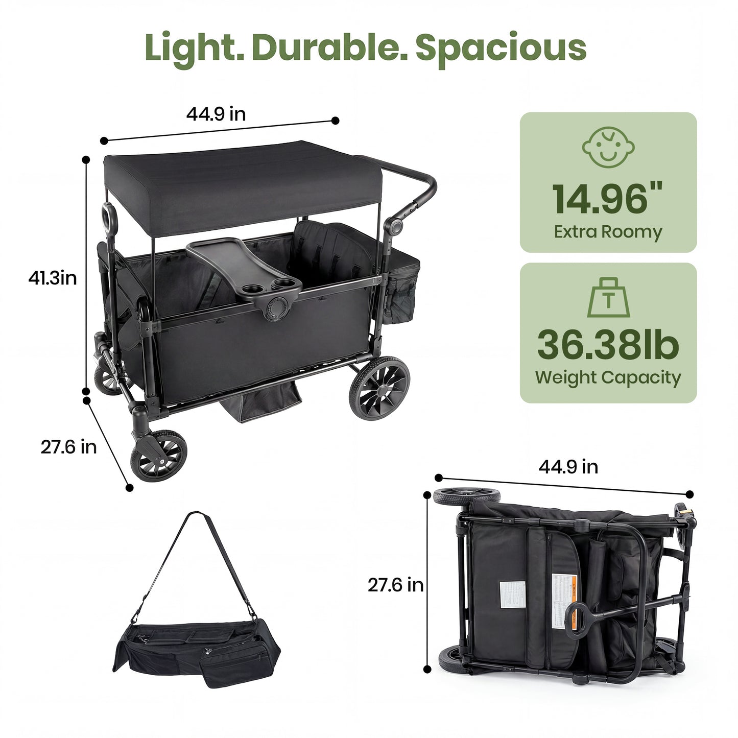 SACVON 4-Seater Stroller Wagon with Side Entry, Canopy & Snack Tray, Includes Detachable Storage Bag That Converts to a Backpack–Black