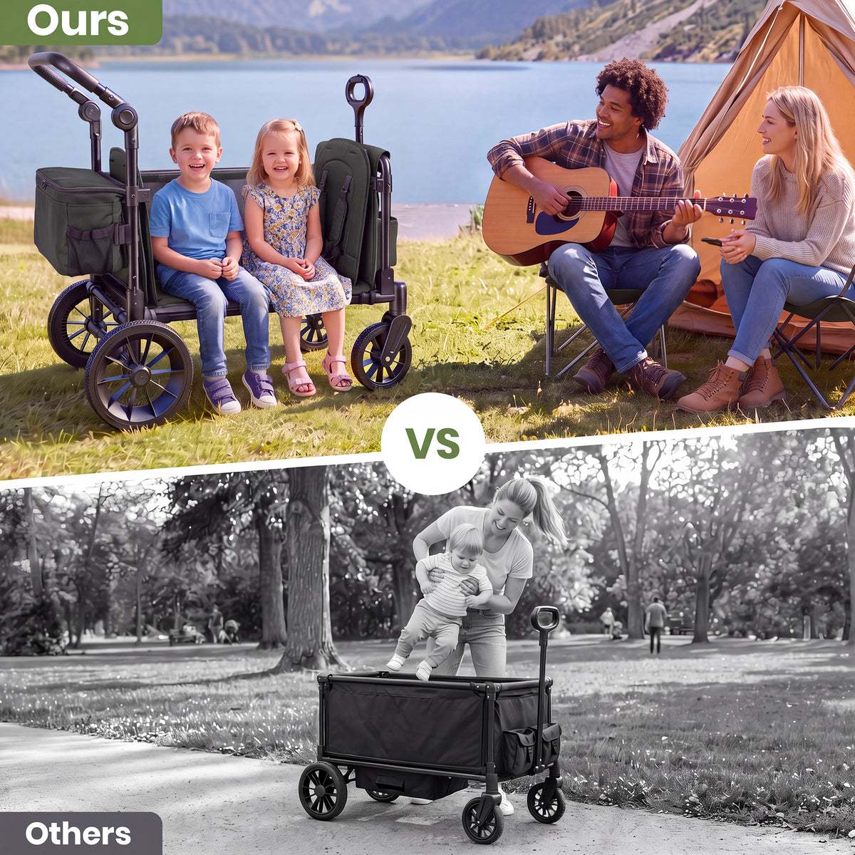 SACVON Wagon Stroller for 2 Toddlers, 4‑in‑1 Collapsible Stroller Wagon with Side Entry, 5‑Point Safety Harness, Adjustable Canopy, Snack Tray & Convertible Backpack Storage Bag, Black