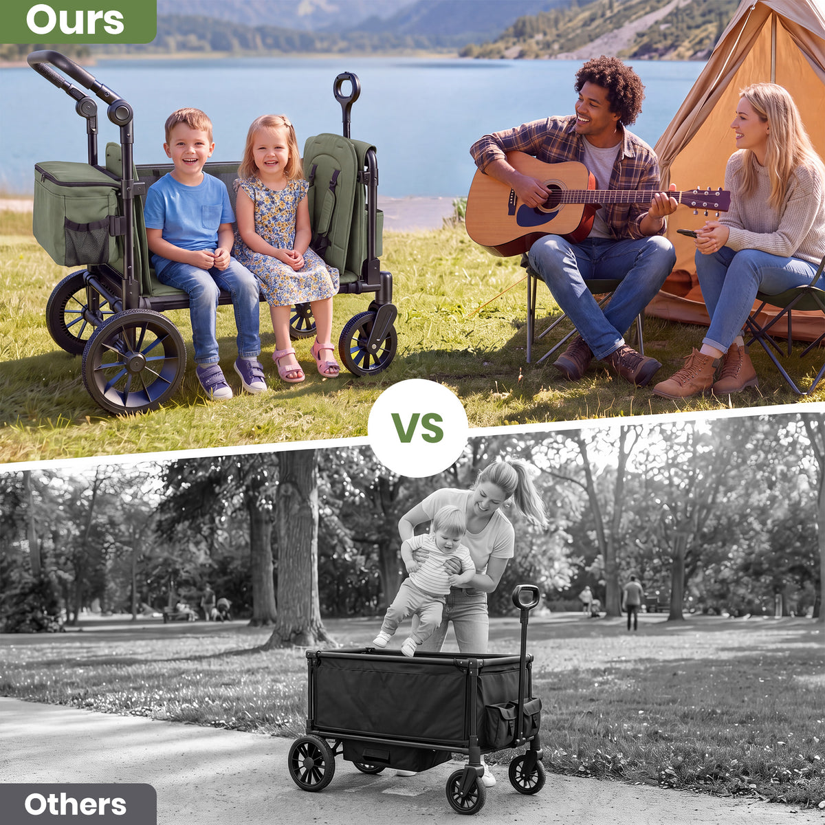 SACVON 2-Seater Stroller Wagon with Side Entry, Canopy & Snack Tray, Includes Removable Storage Bag That Converts to a Backpack-Olive Green