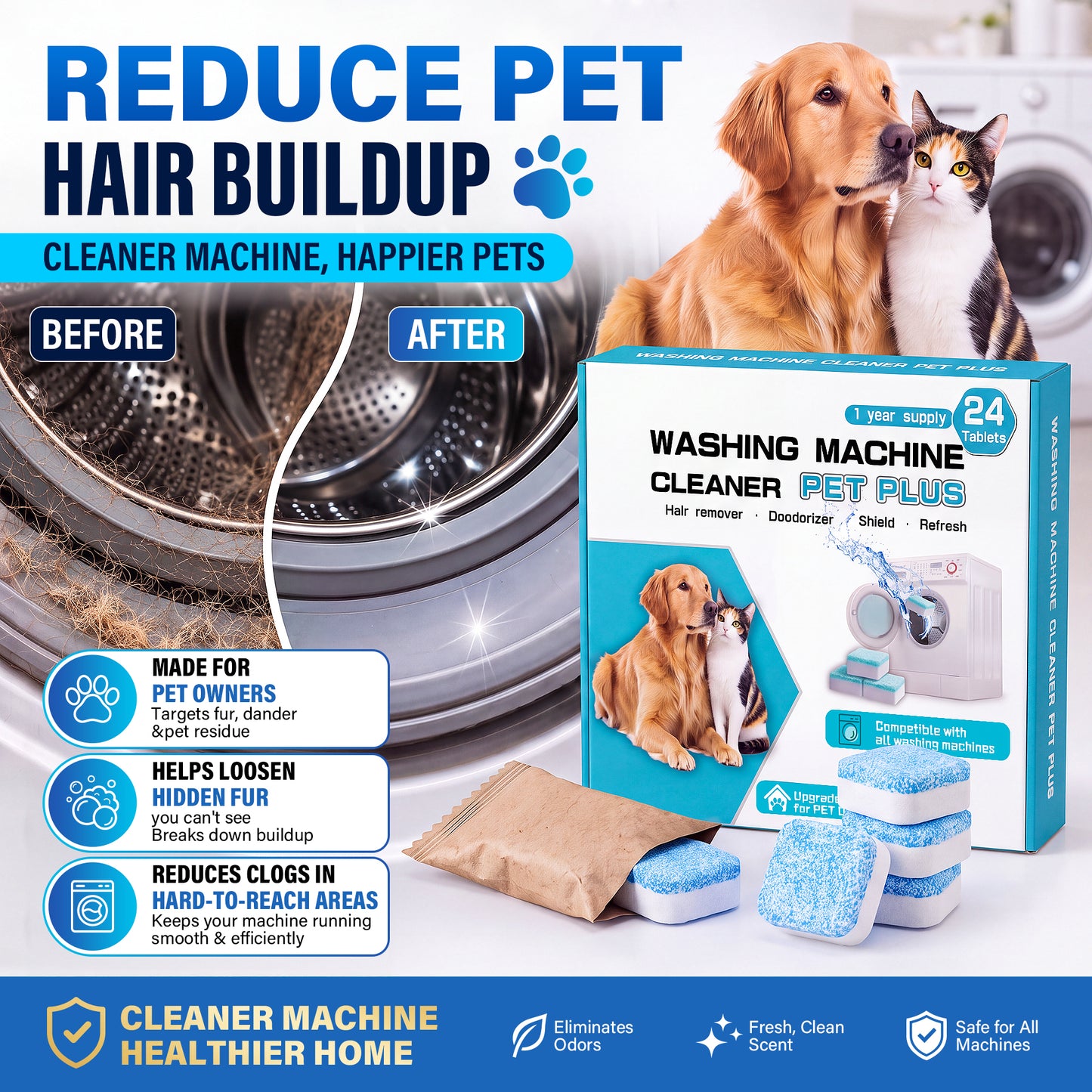 Washing Machine Cleaner Tablets 24 Pack, Washer Machine Cleaning Tablets for Pet Owners, Deep Washer Cleaner Tablets for HE Front and Top Loaders