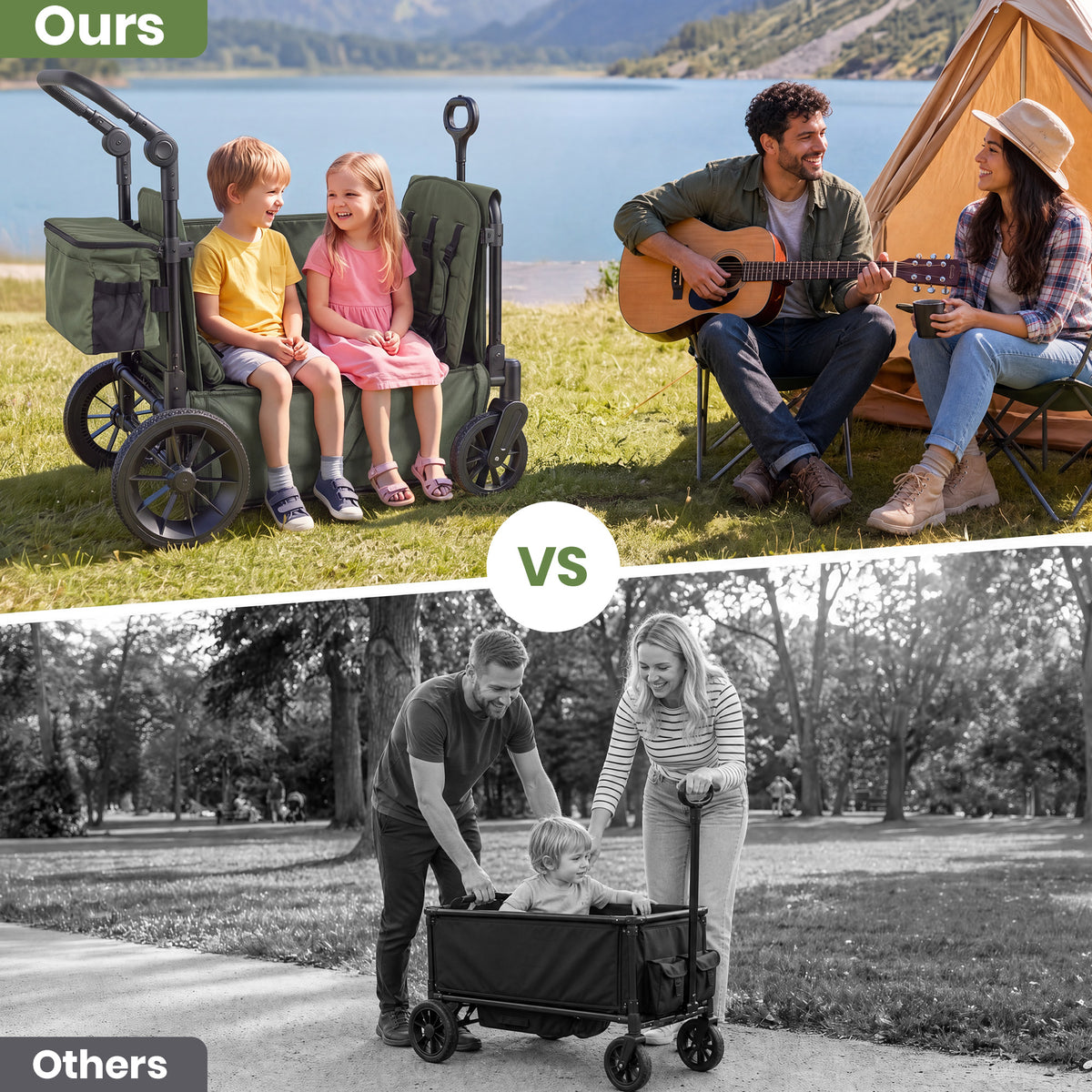 SACVON 4-Seater Stroller Wagon with Side Entry, Canopy & Snack Tray, Includes Detachable Storage Bag That Converts to a Backpack– Olive Green