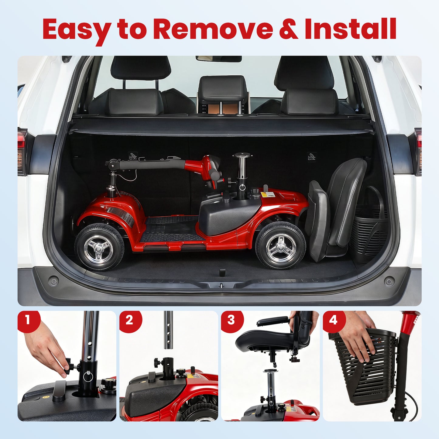 SACVON 4 Wheel Mobility Scooter for Seniors, 330 lbs Heavy Duty Electric Powered Scooter with 15 Miles Long Range, Swivel Seat & Removable Basket for Travel and Grocery Shopping, Red