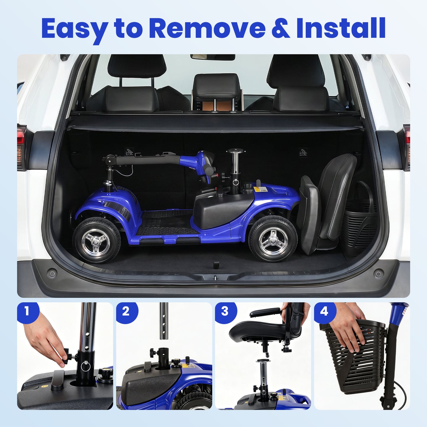 SACVON 4 Wheel Mobility Scooter for Seniors, 330 lbs Heavy Duty Electric Powered Scooter with 15 Miles Long Range, Swivel Seat & Removable Basket for Travel and Grocery Shopping, Blue