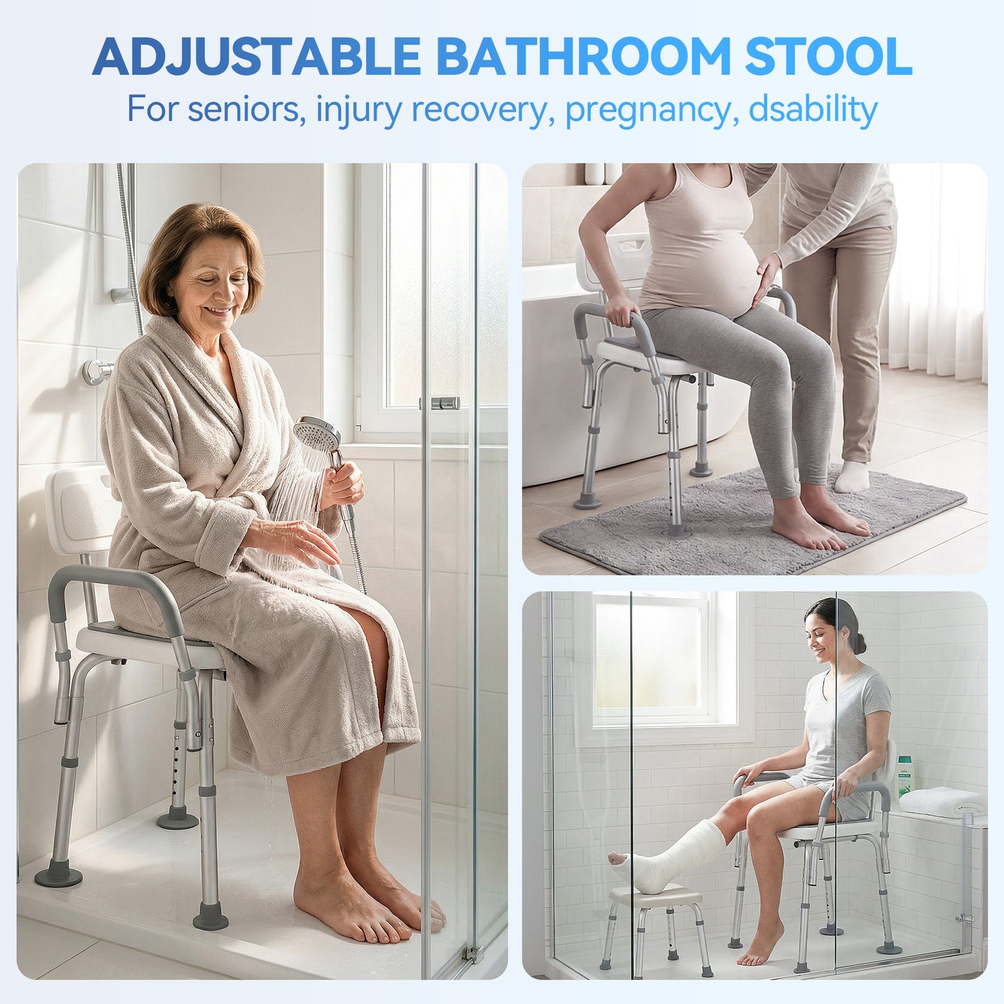 SACVON Shower Chair for Elderly, Adjustable Height Bath Chair with Armrests, Backrest and Non-Slip Seat, 300 lbs Capacity, White