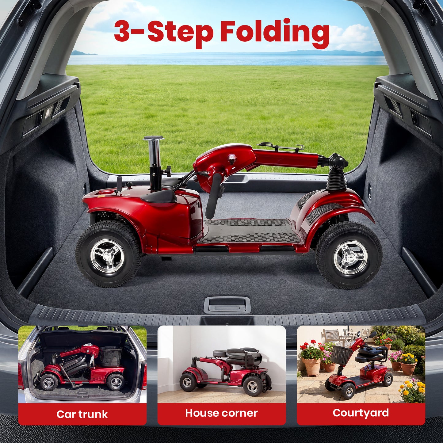 SACVON 4 Wheel Mobility Scooter for Seniors, 25 Miles Long Range Travel Powered Scooter with 330lbs Capacity, 270W Motor, 9" Anti-Explosion Tires, Extended Comfort Swivel Seat, Red