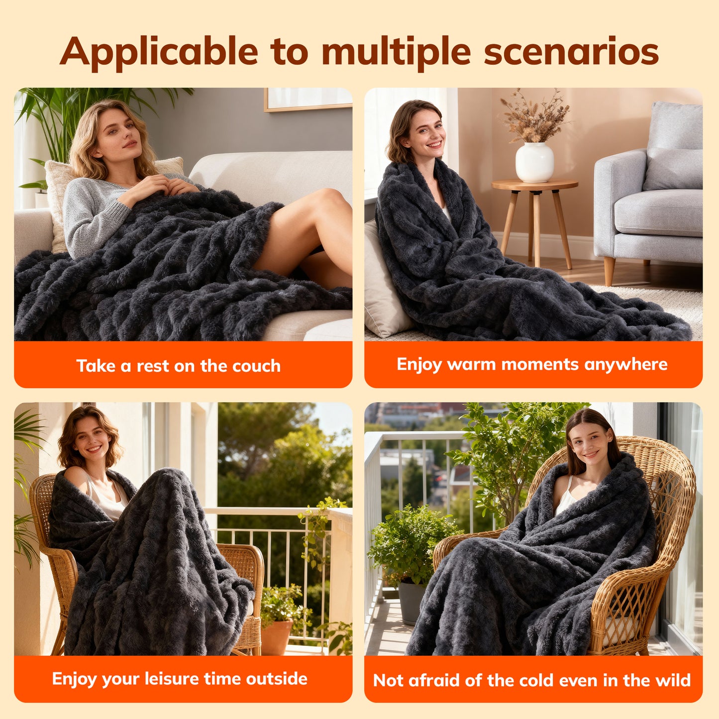 Keenstone Heated Blanket Electric Throw Blanket 50"x60",Machine Washable Fast Heating Blanket with 9 Heat Settings,6 Hours Auto Off,Flannel Faux Rabbit Fur Bubble Electric Blanket Gray