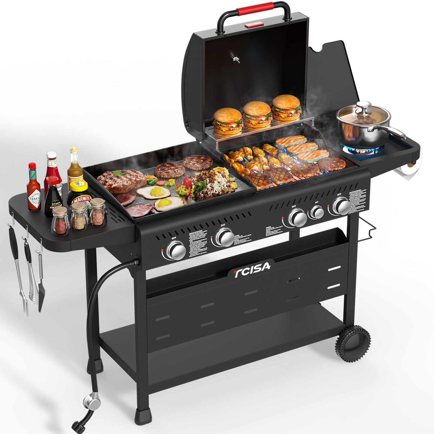 50,000 BTU Grill and Griddle Combo, 702 SQ.IN Cooking Space, Non-Stick Porcelain Enamel Grates, for Backyard BBQ, Outdoor Cooking