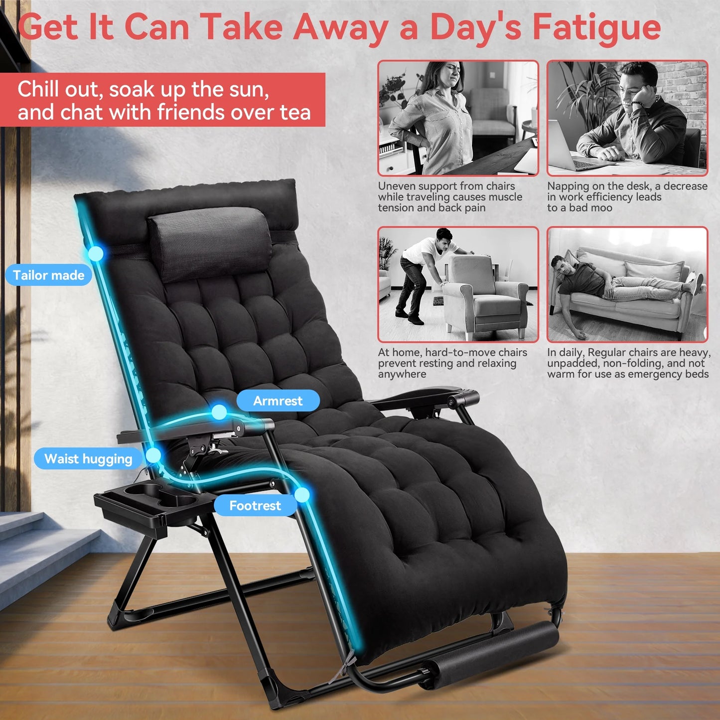 VECUKTY XXL Oversize Zero Gravity Chair - 500lb Capacity, 33-Inch Wide Padded Seat, Folding Travel Recliner for Outdoor / Indoor Use - Patio, Lawn, Black, Portable and Heavy Duty