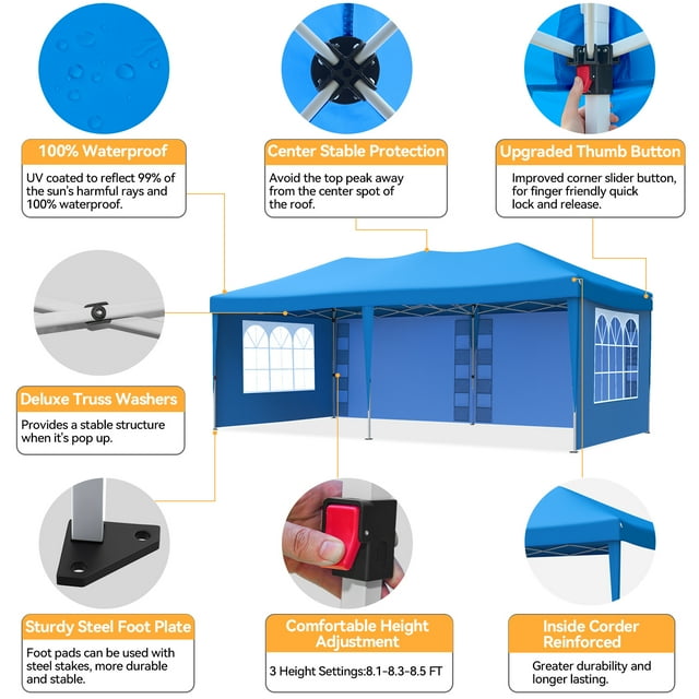 Vecukty 10 x 20 ft Blue Pop up Outdoor Canopies, Removable Sidewalls