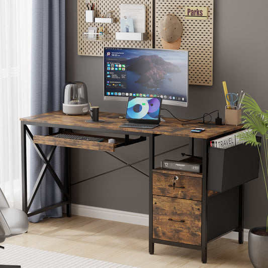 Eunon 55 inch Computer Desk with Lockable Drawers & Power Outlet & Keyboard Tray Home Office Desk, Rustic