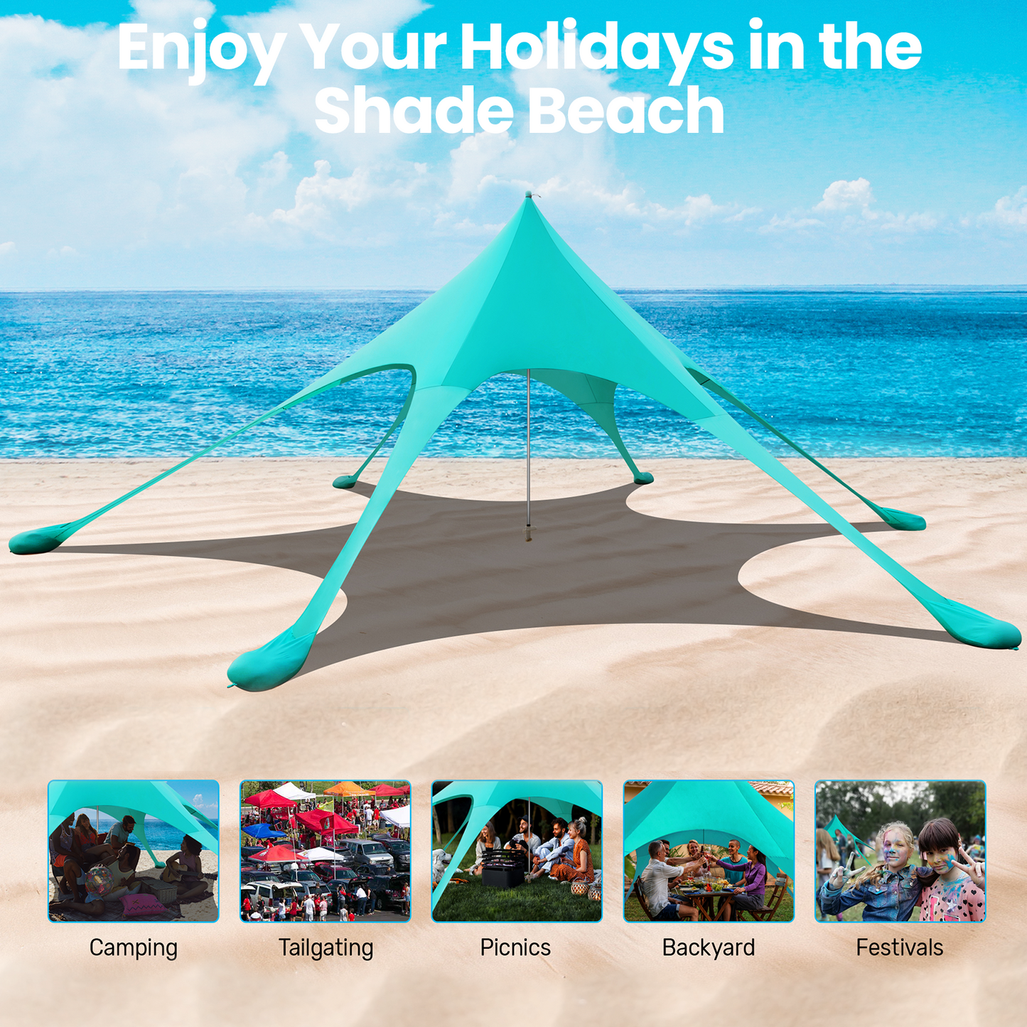 Beach Canopy Tent Sun Shade, VECUKTY 12x12 FT Beach Tent Sun Shelter UPF 50+ UV Protection with Sandbags , 1 Stability Poles and Ground Pegs and Anti-Wind Ropes,Turquoise