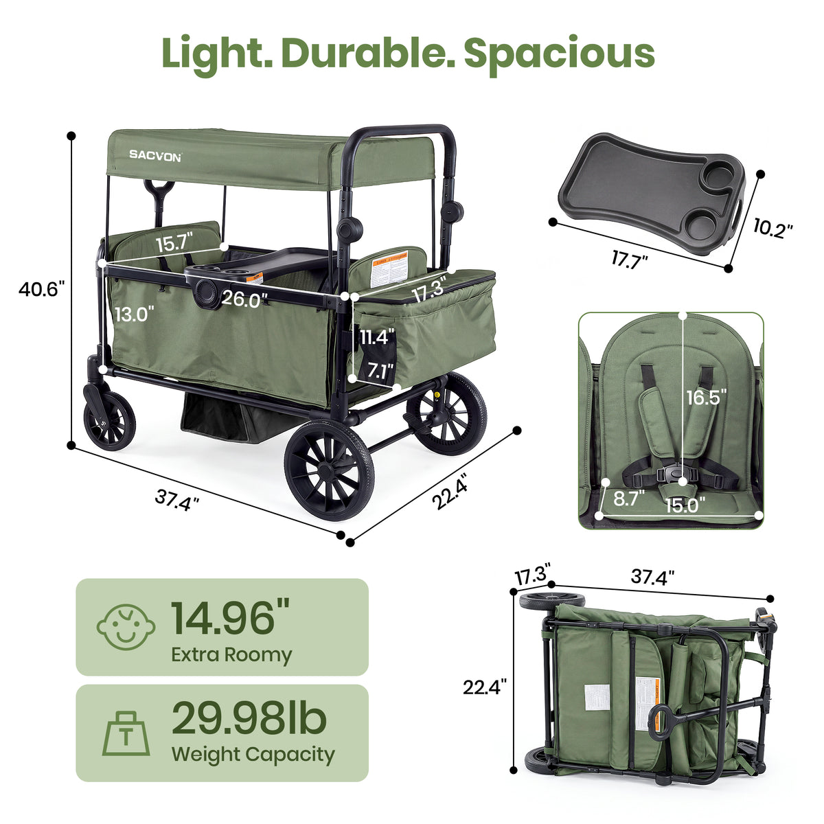 SACVON 2-Seater Stroller Wagon with Side Entry, Canopy & Snack Tray, Includes Removable Storage Bag That Converts to a Backpack-Olive Green