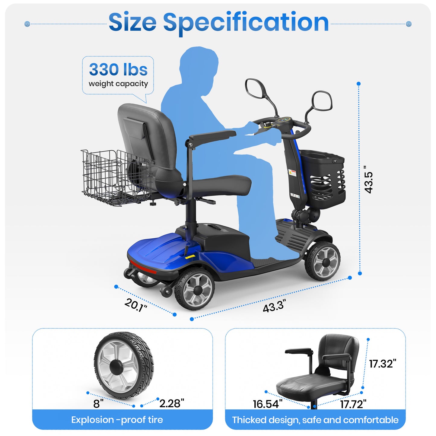 SACVON Upgrade 4 Wheel Mobility Scooter for Seniors, Foldable Powered Mobile Wheelchair for Adult 330lbs, Blue