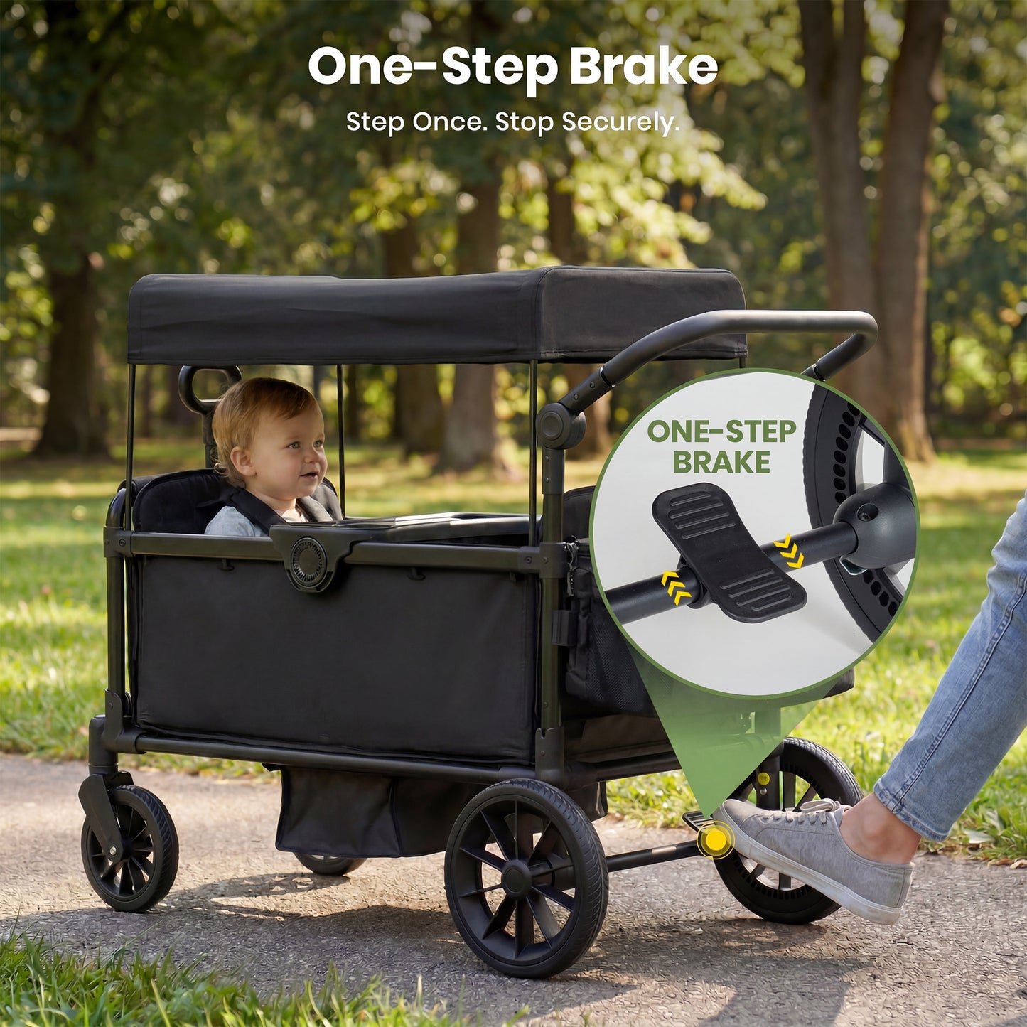 SACVON 2-Seater Stroller Wagon with Side Entry, Canopy & Snack Tray, Includes Removable Storage Bag That Converts to a Backpack-Black