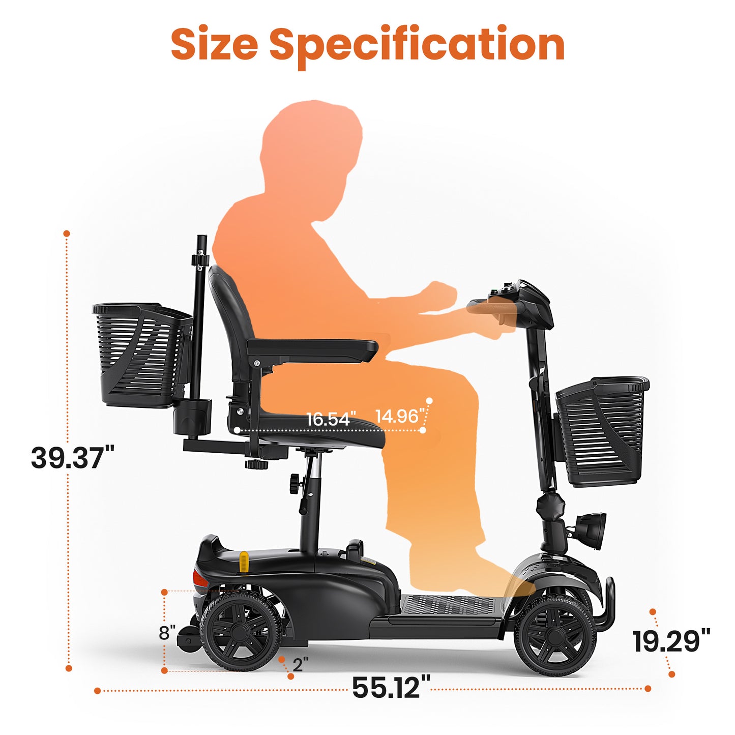 SACVON 4 Wheels Mobility Scooter with Cane Holder for Seniors, Electric Folding Wheelchair Device for Travel, Black