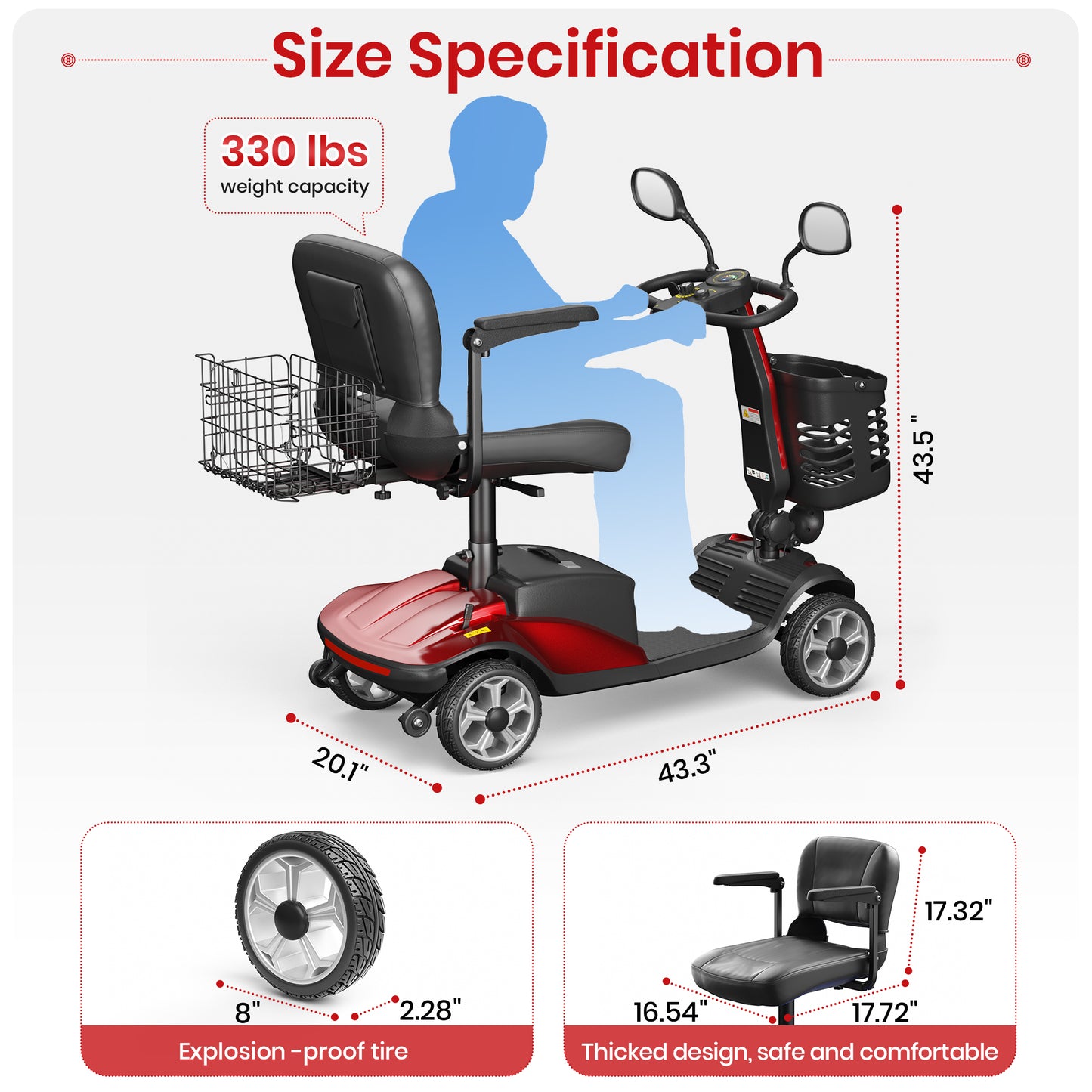 SACVON Upgrade 4 Wheel Mobility Scooter for Seniors, Foldable Powered Mobile Wheelchair for Adult 330lbs, Red