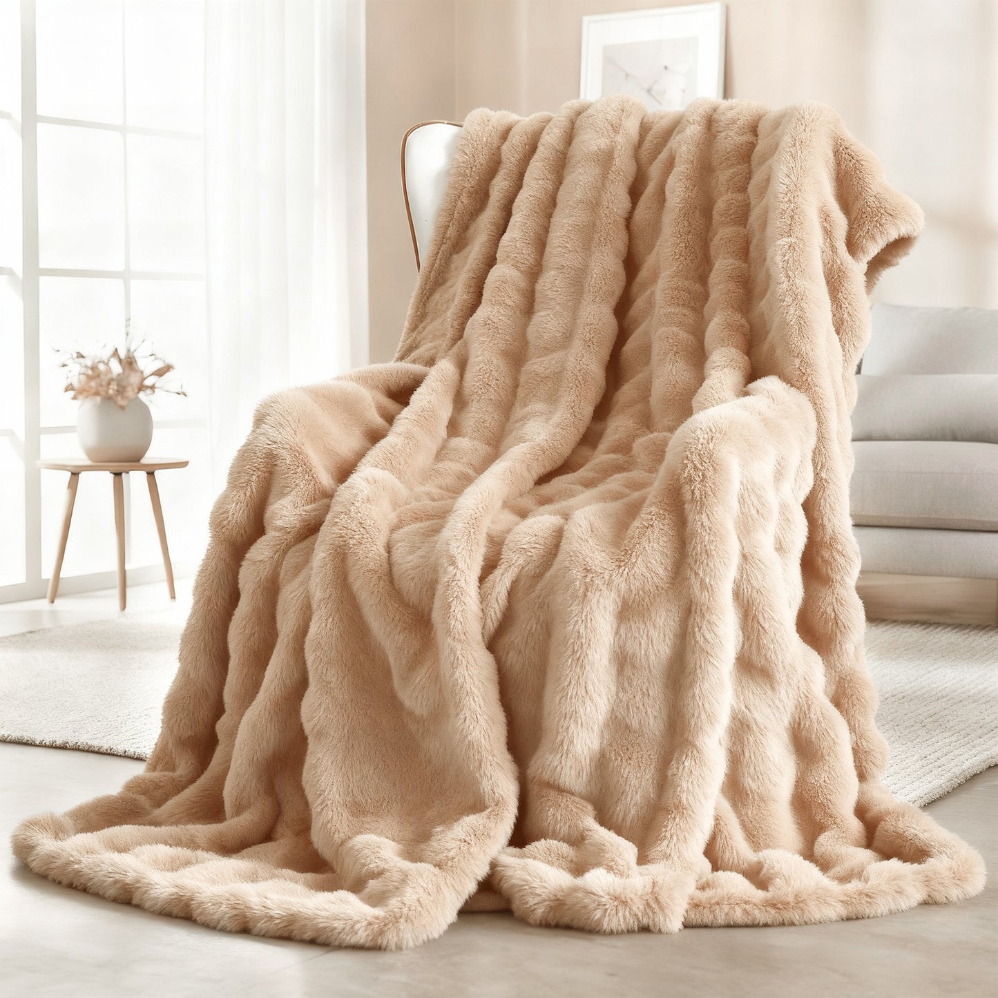 Keenstone Heated Blanket Electric Throw Blanket 50"x60",Machine Washable Fast Heating Blanket with 9 Heat Settings,6 Hours Auto Off,Flannel Faux Rabbit Fur Bubble Electric Blanket Brown