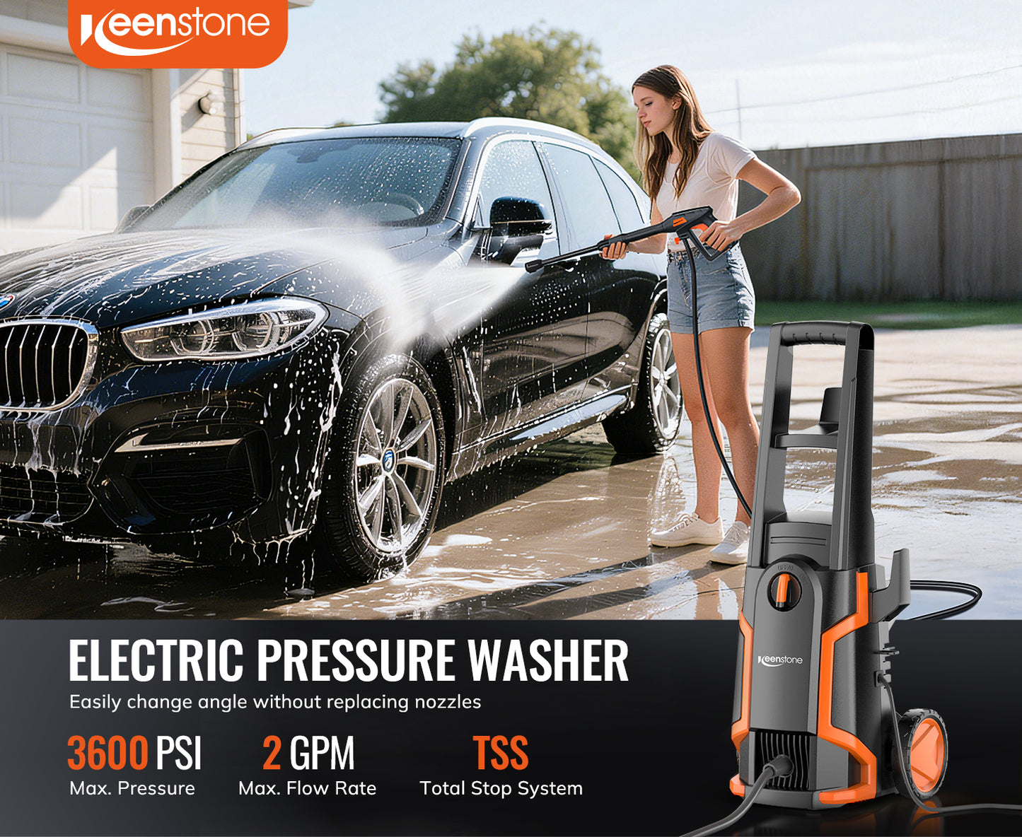 Keenstone 3600 PSI Electric Pressure Washer , Max 2 GPM 110V with Adjustable Nozzle 0-120°,Foam Cannon for Cleaning Cars Patios Driveways Fences Pools