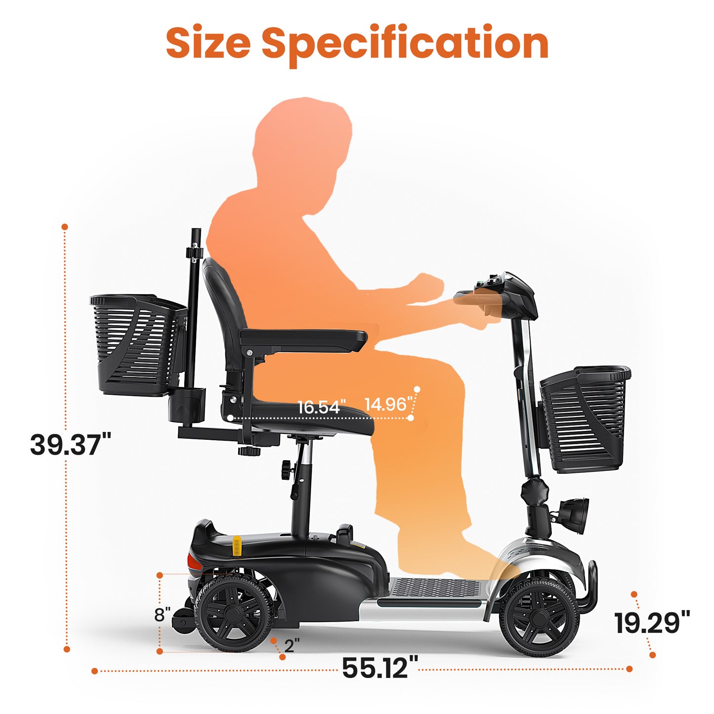 SACVON 4 Wheels Mobility Scooter with Cane Holder for Seniors, Electric Folding Wheelchair Device for Travel, Silver