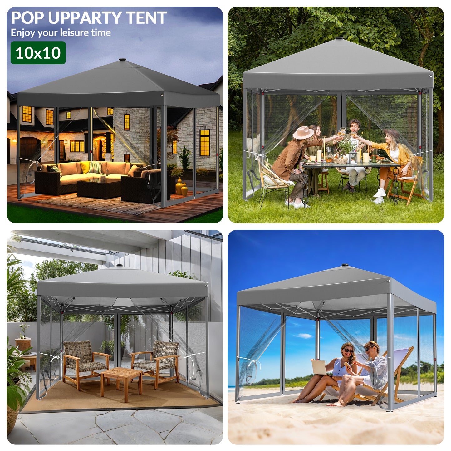 Vecukty 10x10ft Pop Up Canopy Tent with Removable Mesh Mosquito Sidewalls, Remote-Controlled 8-Color LED Lights ,Instant Outdoor Shelter Gazebo Tent,Gray