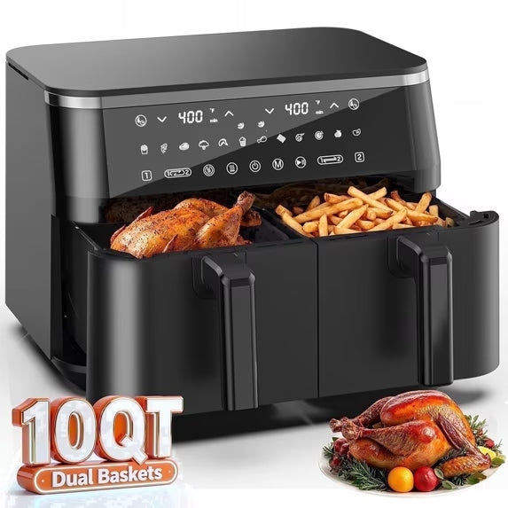 WiseStone Air Fryer 10QT Dual Basket , 12-in-1 Kitchen Appliance with Digital LED Touchscreen, Independent Dual Controls, 140°–400°F, Sync Finish and Multi Cooking Functions, Black
