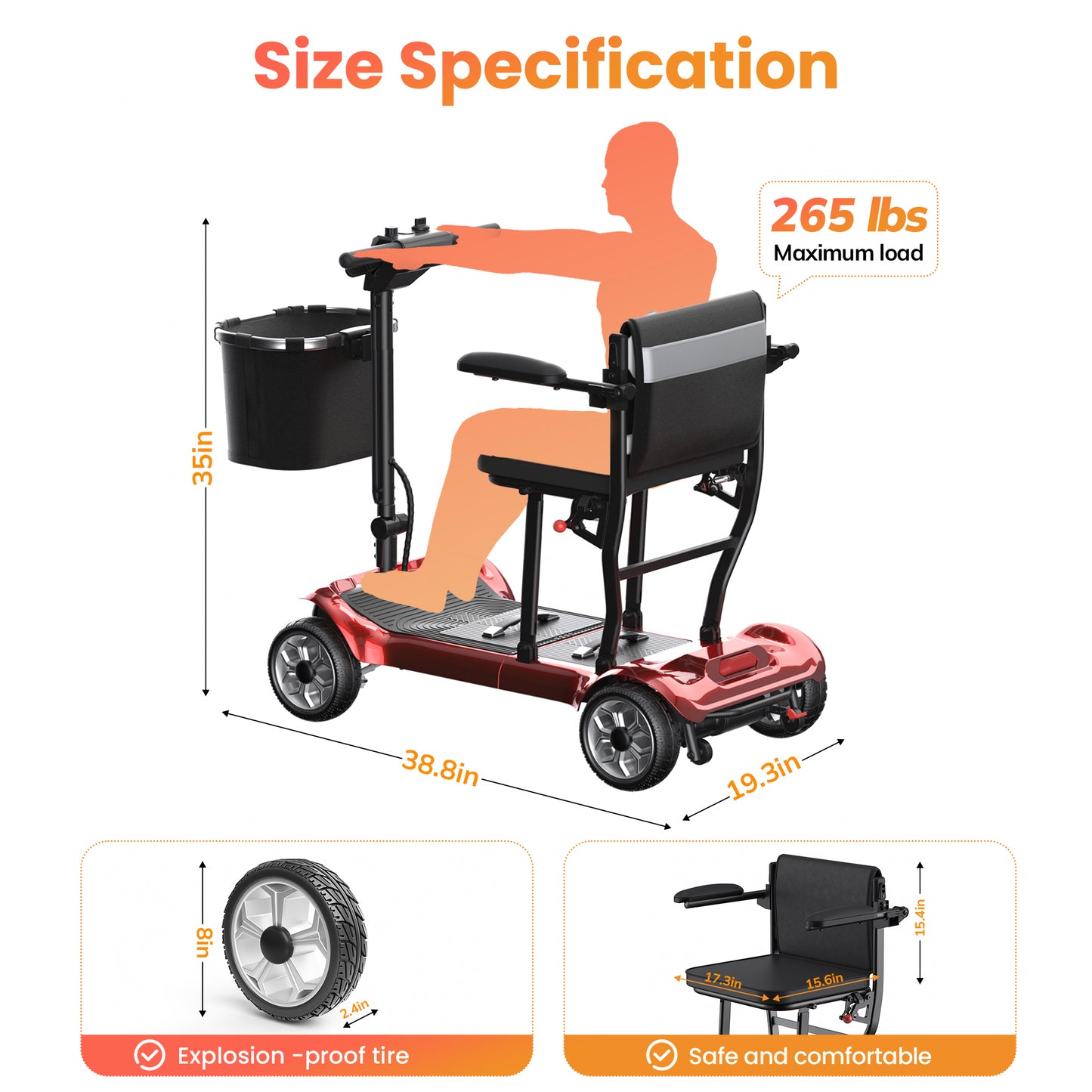 SACVON Foldable 4 Wheels Mobility Scooter for Seniors, Aluminum Frame, Lithium Battery, Suitable for Travel, 300 lbs, Red