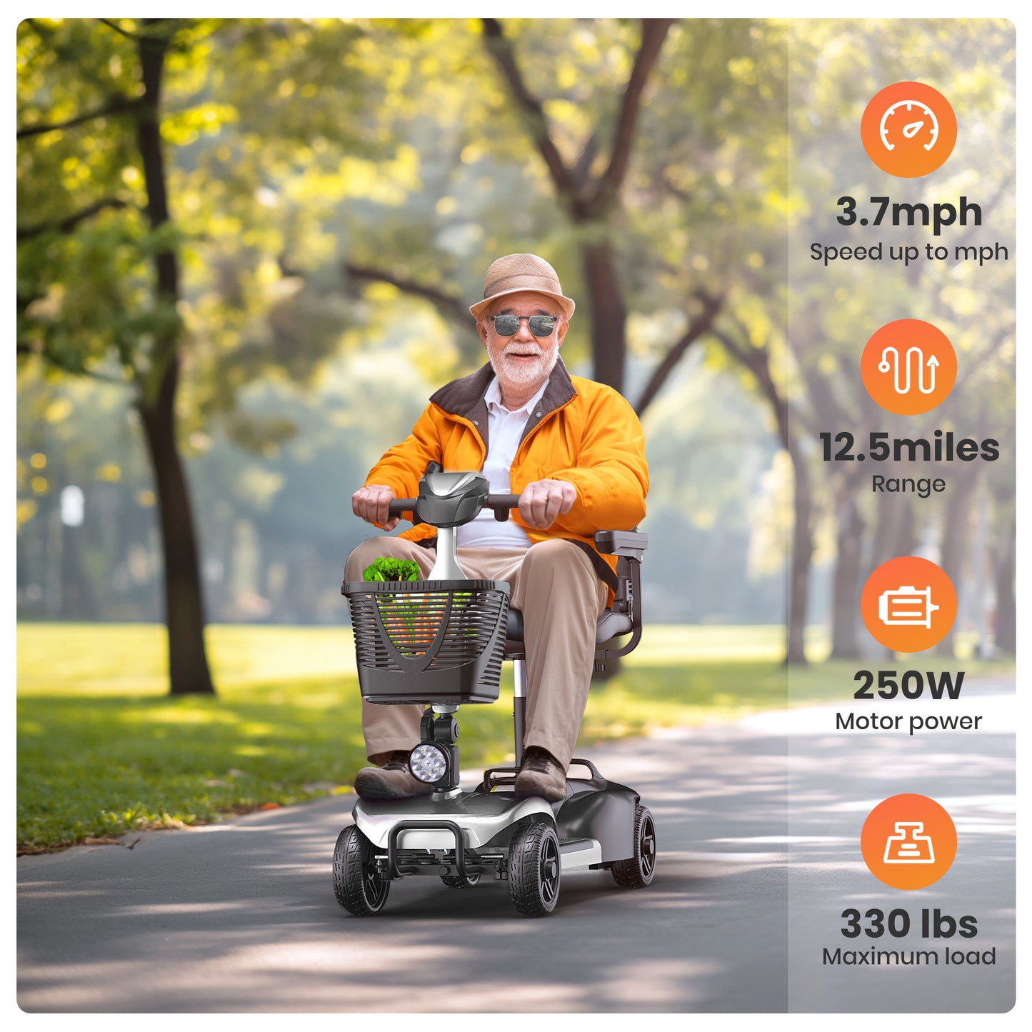 SACVON 4 Wheels Mobility Scooter with Cane Holder for Seniors, Electric Folding Wheelchair Device for Travel, Silver