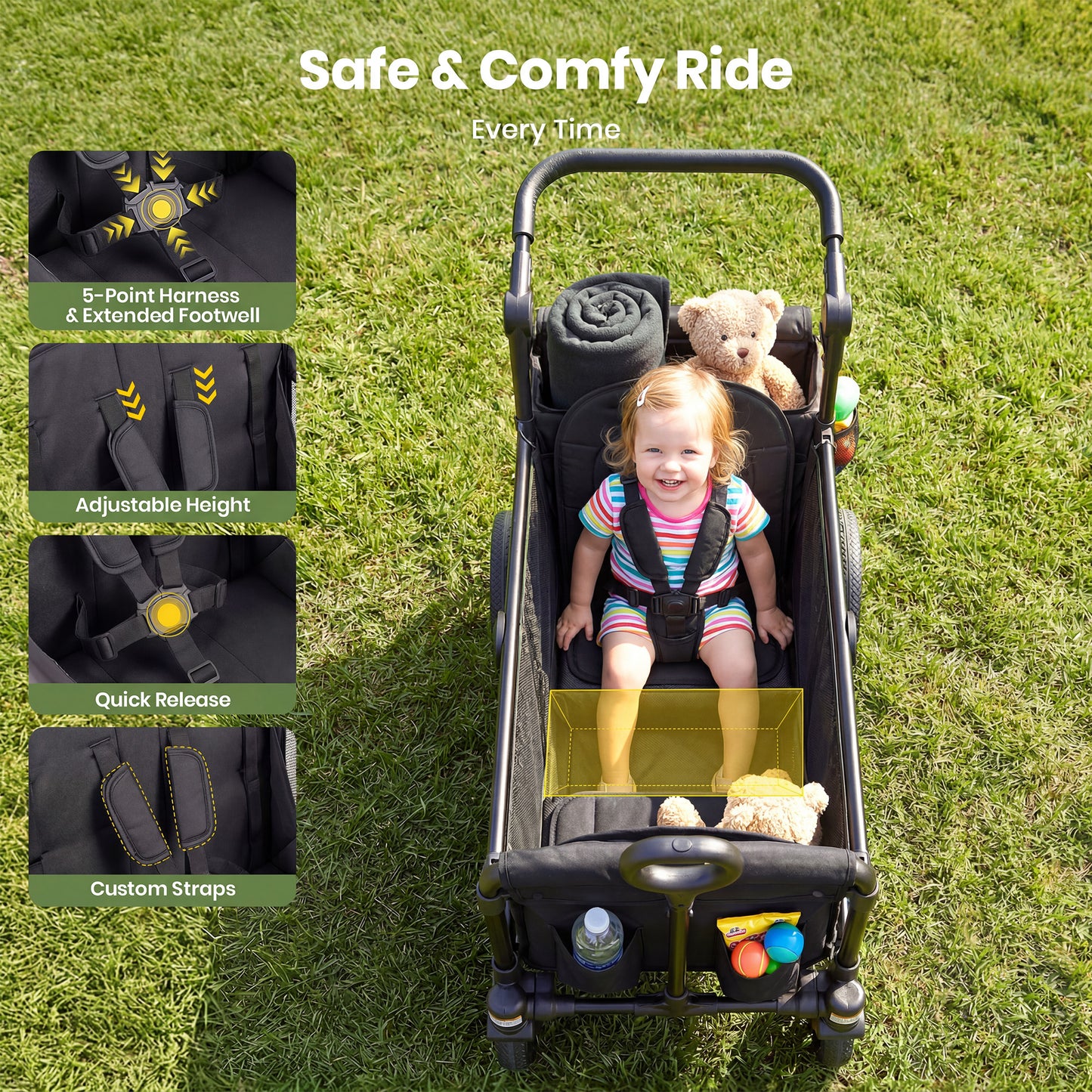 SACVON 2-Seater Stroller Wagon with Side Entry, Canopy & Snack Tray, Includes Removable Storage Bag That Converts to a Backpack-Black