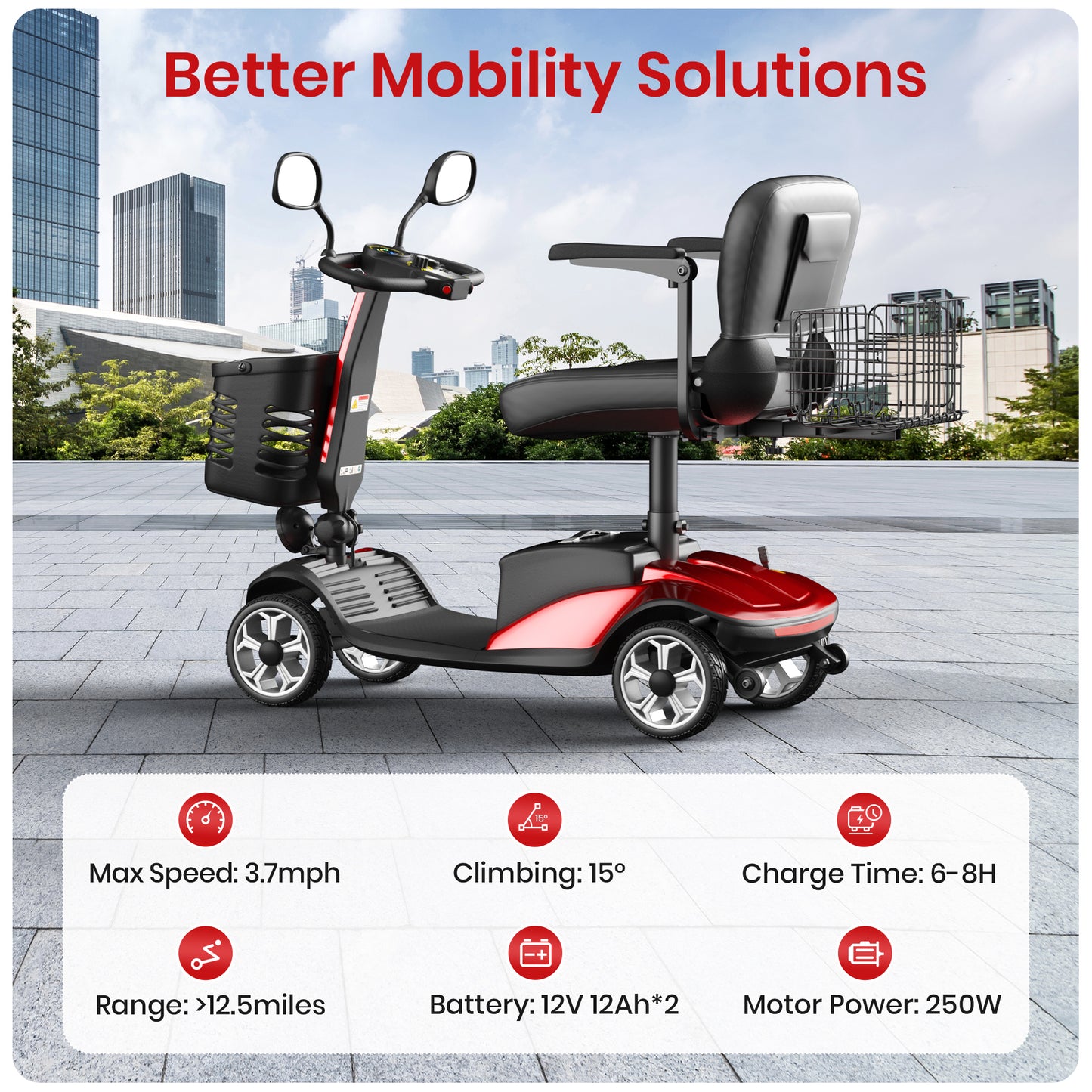 SACVON Upgrade 4 Wheel Mobility Scooter for Seniors, Foldable Powered Mobile Wheelchair for Adult 330lbs, Red