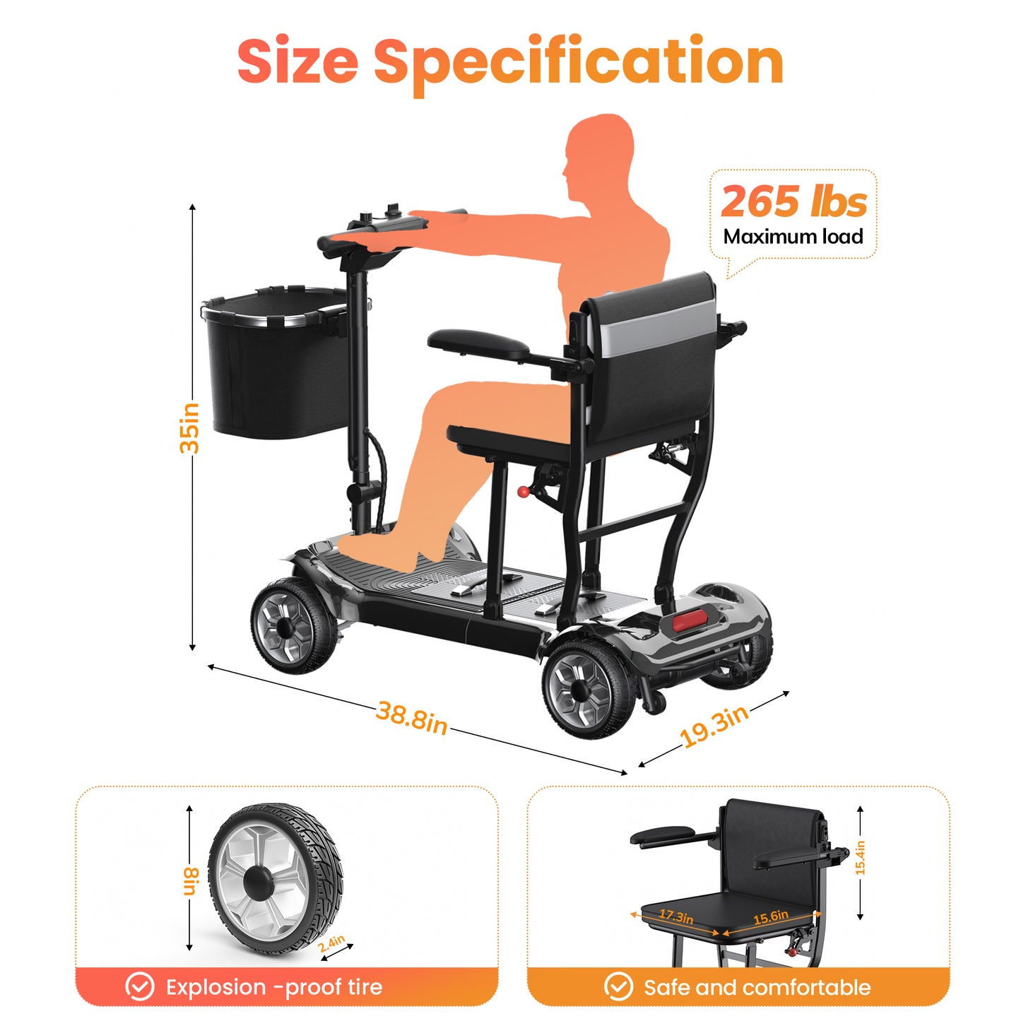 SACVON Foldable 4 Wheels Mobility Scooter for Seniors, Aluminum Frame, Lithium Battery, Suitable for Travel, 300 lbs, Black