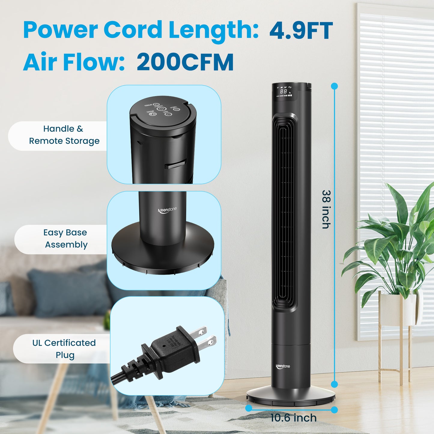 Keenstone Tower Fan for Bedroom, 38 Inch Bladeless Fan, 75° Oscillating Fan, Quiet Floor Fan with Remote, LED Display, 3 Speeds 3 Modes, 7.5H Timer, Standing Fans for Home Living Room Office - Black