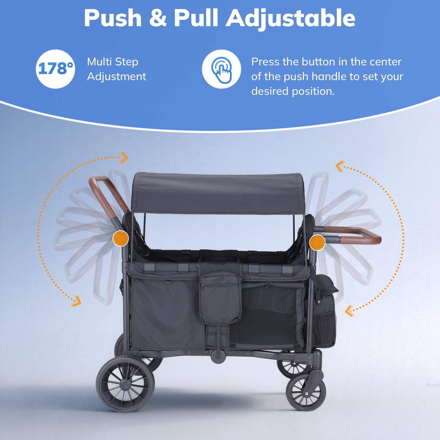 SACVON 4-in-1 Baby Stroller Wagon, 4-Seat Convertible Wagon for Kids with Removable Canopy, Cooler Bag, Adjustable Handle, for Outdoor Camping & Travel, Black