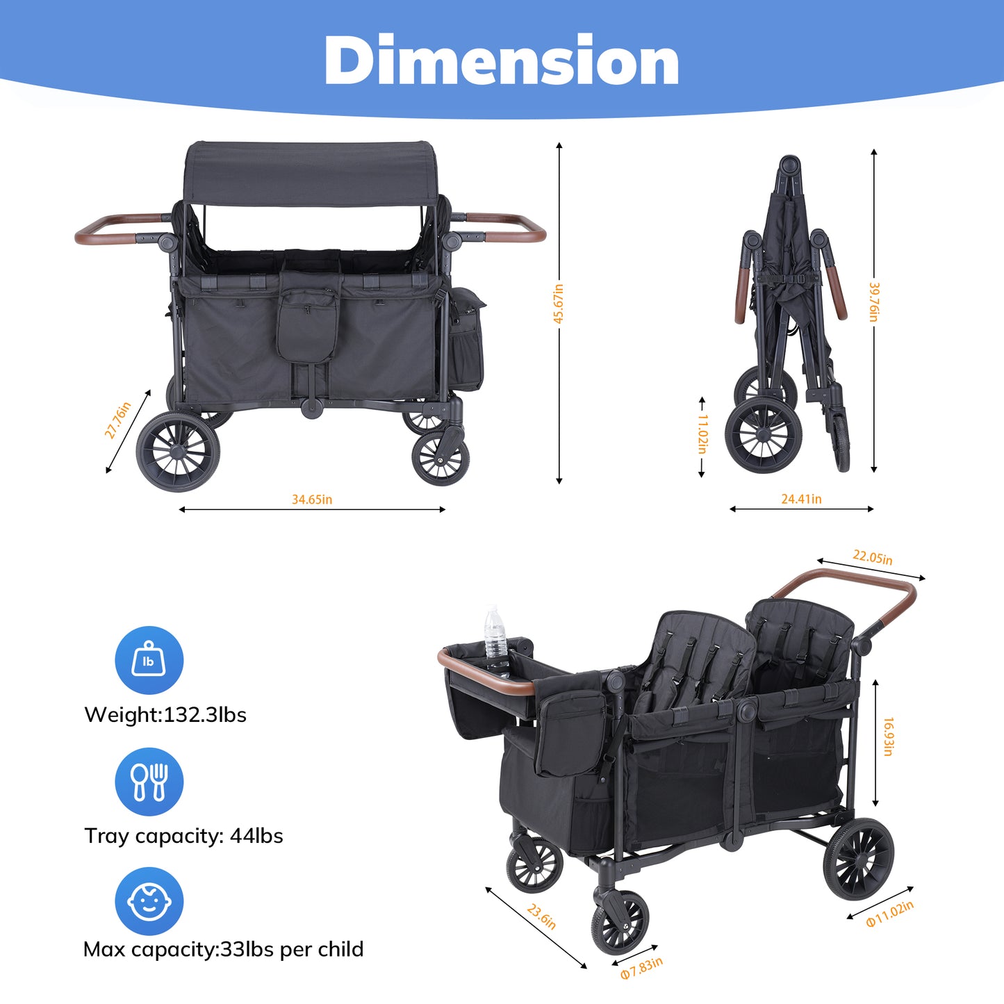 SACVON 4-in-1 Baby Stroller Wagon, 4-Seat Convertible Wagon for Kids with Removable Canopy, Cooler Bag, Adjustable Handle, for Outdoor Camping & Travel, Black
