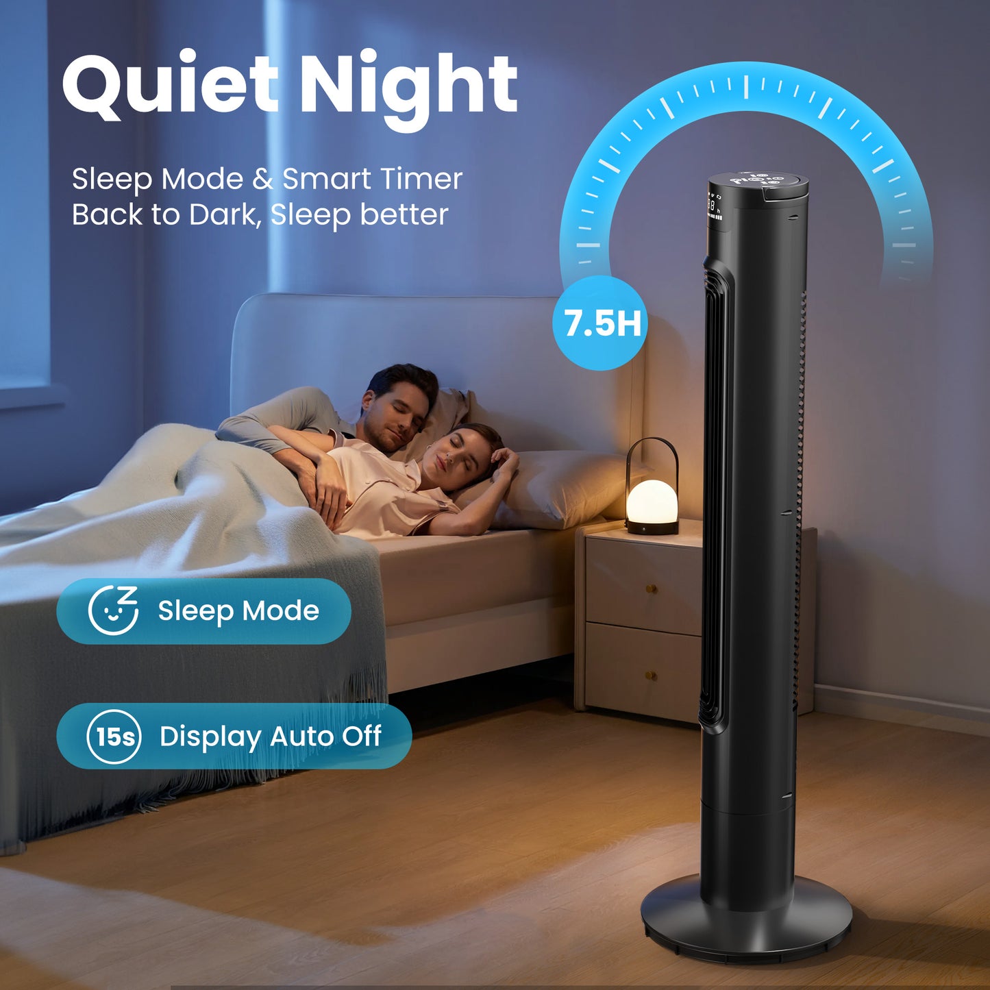 Keenstone Tower Fan for Bedroom, 38 Inch Bladeless Fan, 75° Oscillating Fan, Quiet Floor Fan with Remote, LED Display, 3 Speeds 3 Modes, 7.5H Timer, Standing Fans for Home Living Room Office - Black