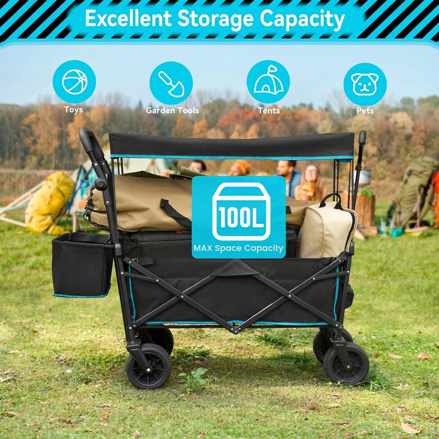 VECUKTY Collapsible Garden Wagon Cart with Removable Canopy Black