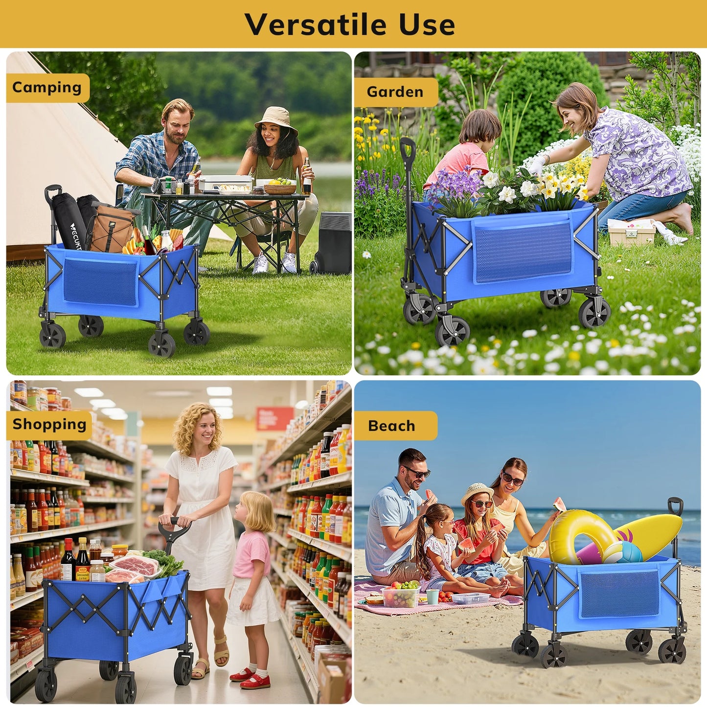 Vecukty Compact Wagon Cart, Gathered Collapsible Camping Cart,Portable Utility Grocery Wagon for Camping, Beach, Picnic, Shopping, Blue