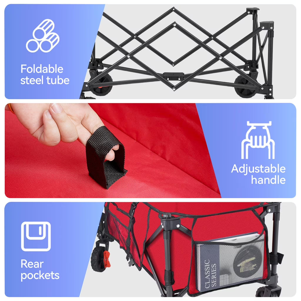 Gathered Collapsible Mini Camping Wagon, Vecukty Portable Foldable Cart, Heavy Duty Folding Utility Grocery Wagon with 150lbs, for Shopping,Sports,Fishing,Beach,Garden,Red