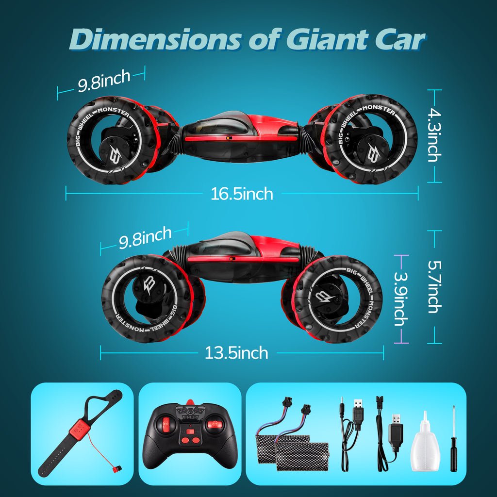 RC Stunt Car Twisting Snake, Vecukty 1:10 Spray Giant Wheel Remote Control Toy Car with High-Speed Climbing and Colorful Gradient Lights with Music,Red