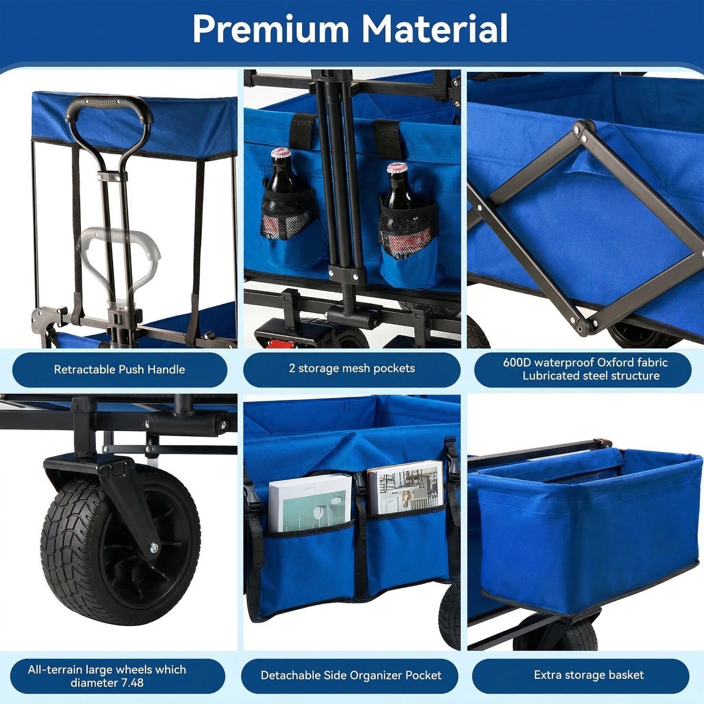 VECUKTY Collapsible Garden Wagon Cart with Removable Canopy Blue