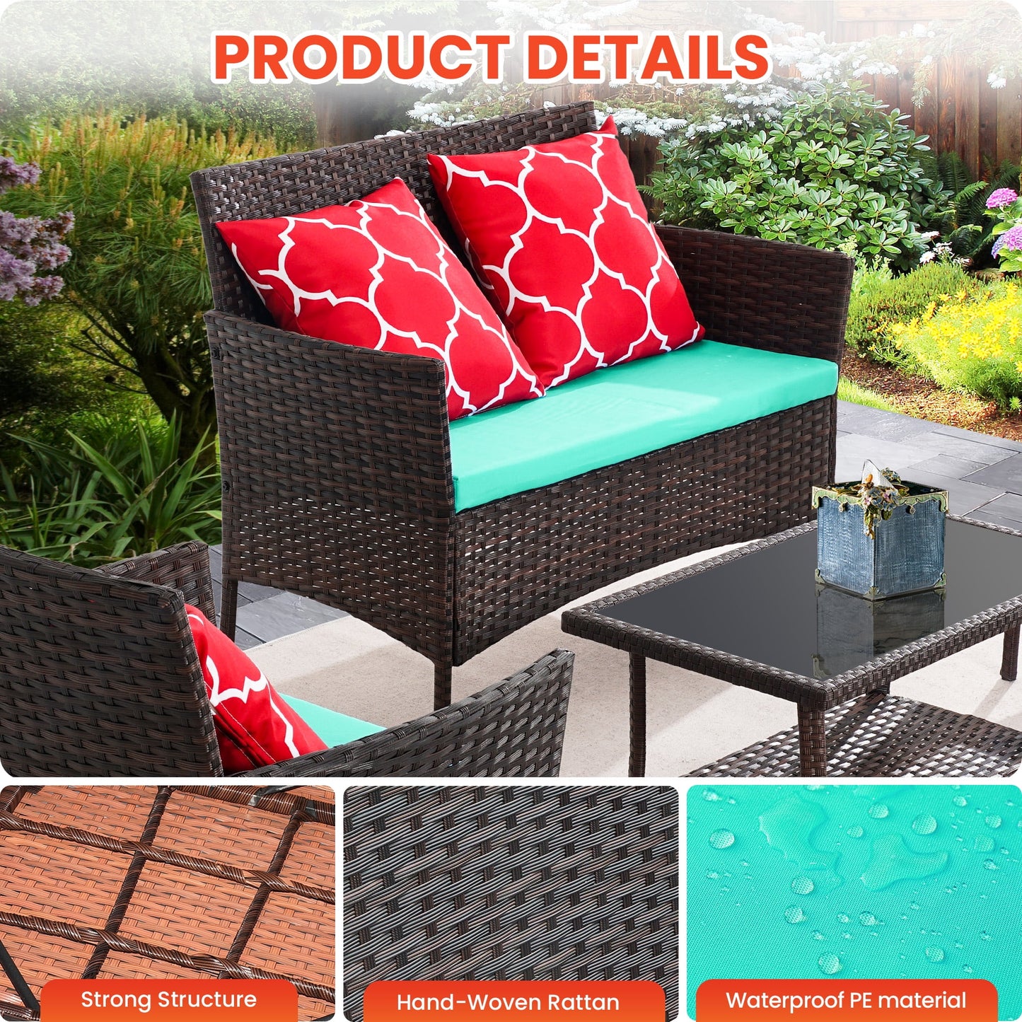 Brefac 4 PCS Patio Furniture Set with Throw Pillows Upholstered Sofa Table for Patio Backyard,Turquoise