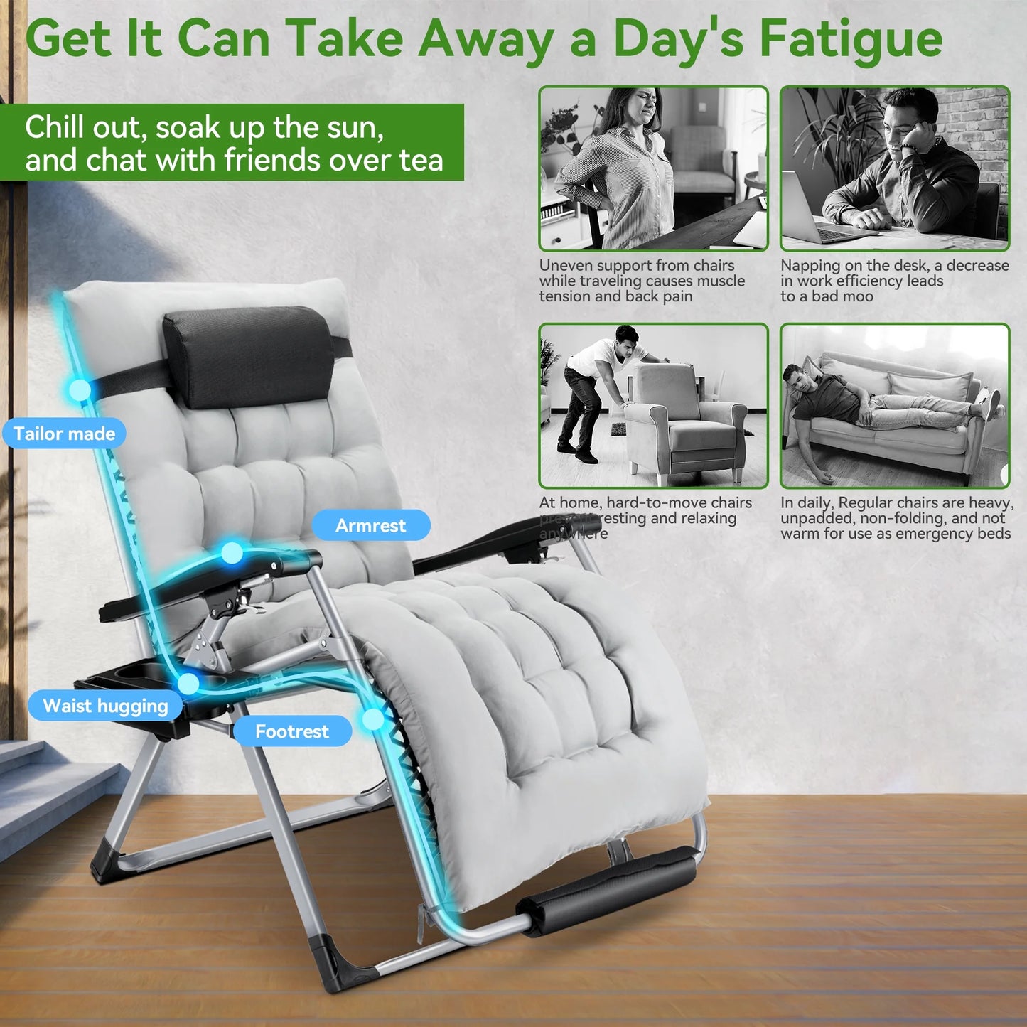 VECUKTY XL Oversize Zero Gravity Chair - 500lb Capacity, 29-Inch Wide Padded Seat, Folding Travel Recliner for Outdoor / Indoor Use - Patio, Lawn,Grey,Portable and Heavy Duty