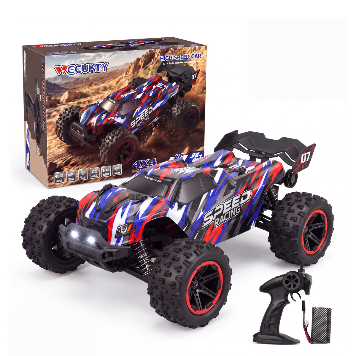 Vecukty 1:14 Scale 4WD RC Off-Road Truck, 40 KM/H High Speed Vehicle, Water Resistant, Dual 7.4V 1500mAh Batteries, 2.4GHz Remote Control with LED Lights