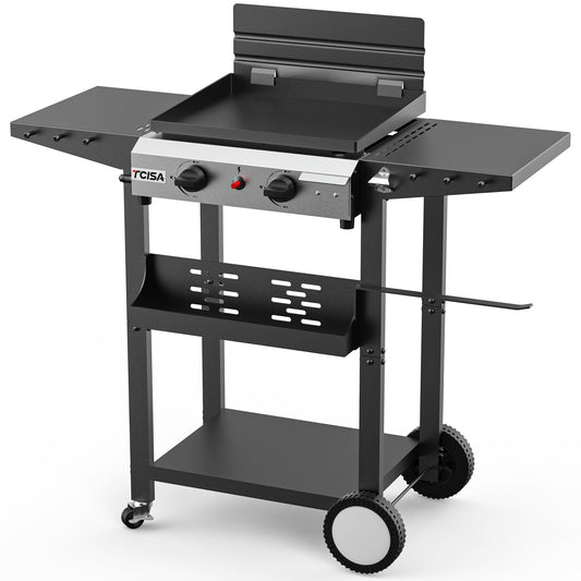2 Burner Propane Gas Griddle with Standing Cart, Flat Top Grill with Hood for Camping, Tailgating, Backyard